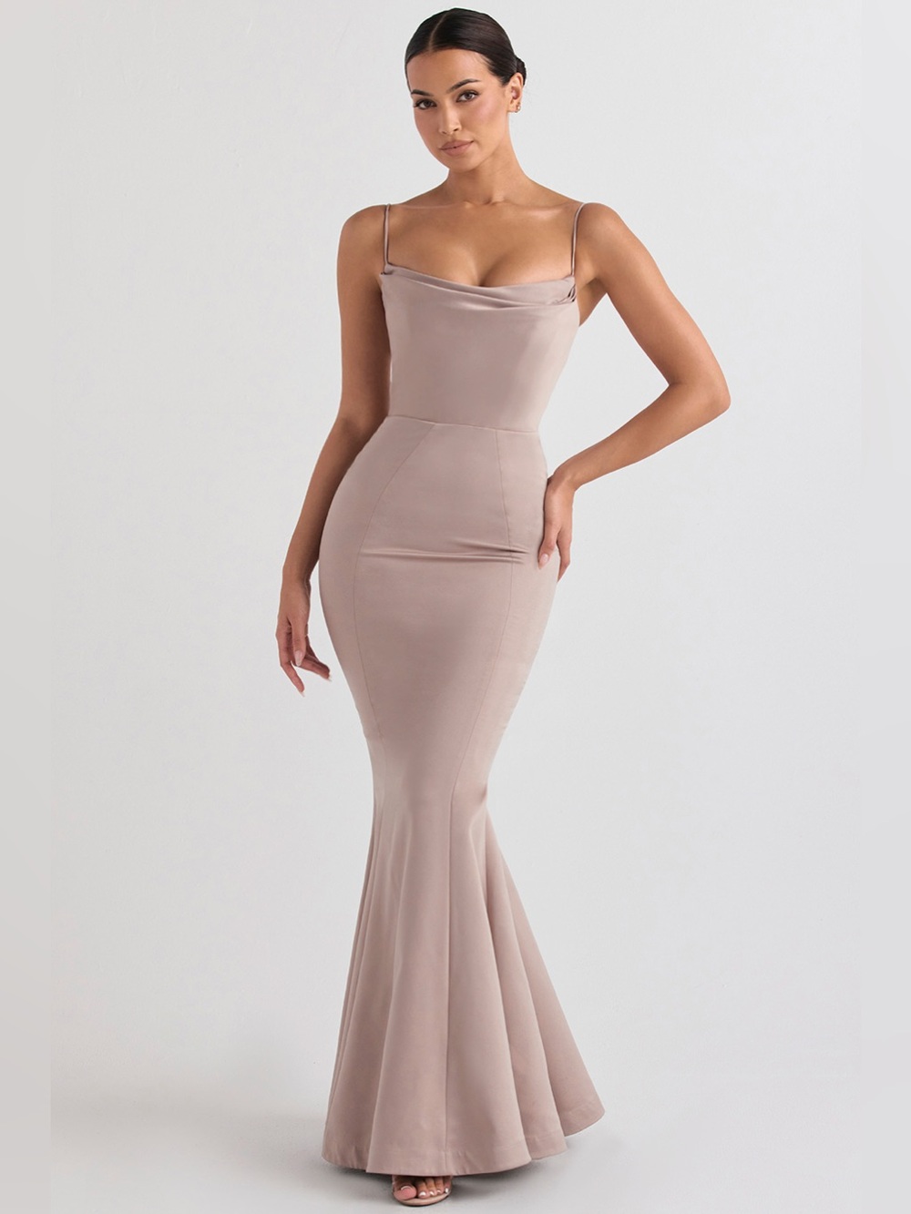 House of CB Taupe Cowl-Neck Mermaid Maxi Dress